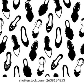 Vector seamless pattern with black various women shoes on a white background top view for fashion prints, wrapping paper, fabric. Stylish monochrome style.
