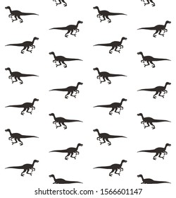 Vector seamless pattern of black velociraptor dinosaur silhouette isolated on white background