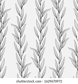 Vector seamless pattern with black vertical branches and leaves on white background; natural design for fabric, wallpaper, textile, package, web design.