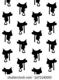 Vector seamless pattern of black western cowboy equestrian horse saddle silhouette isolated on white background