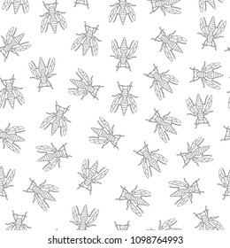Vector seamless pattern of black and white insects. Repeat background with isolated monochrome wasp or bee. 