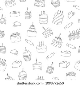 Vector seamless pattern of black and white cakes with candles. Birthday repeat backdrop. Linear art repeat texture of sweet bakery goods. Graphic drawing of cakes and candies.