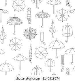 Vector Seamless Pattern Of Black And White Umbrellas. Repeat Background With Isolated Monochrome Umbrella