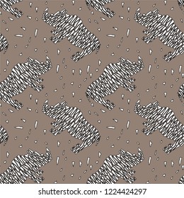Vector seamless pattern black and white rhinoceros in zebra stripes style on a beige background for bedding, textile, wallpaper, wrapping, furnishings, upholstery, cover page.
