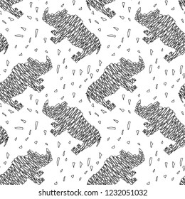 Vector seamless pattern black and white rhinoceros in zebra stripes style on a white background for bedding, textile, wallpaper, wrapping, furnishings, upholstery, cover page.