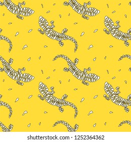 Vector seamless pattern black and white lizards in zebra stripes style on a bright yellow background for baby bedding, textile, wallpaper, wrapping, furnishings, upholstery, cover page, banner.