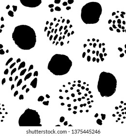 Vector seamless pattern. Black and white painted watercolor points. Hand drawn texture elements. 