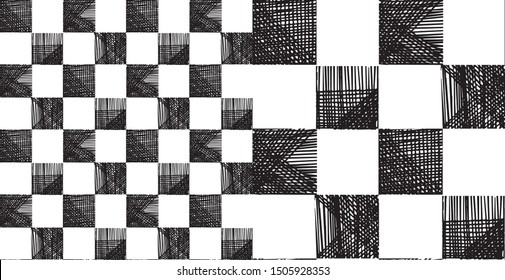 Vector seamless pattern with black and white squares. Abstract background made using of brush smears. hand drawn texture. Modern stylish texture. Repeating geometric tiles with squares