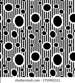 
Vector seamless pattern in black and white color. Circles of different sizes on a striped background. Use for printing on fabrics. 