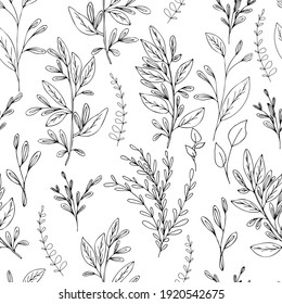 vector seamless pattern black and white with twigs leaves and herbs