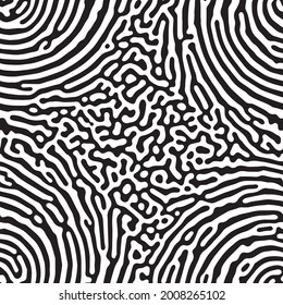 Vector seamless pattern.
Black and white geometric background.
Spiral turing shapes texture.
Natural biologic design.