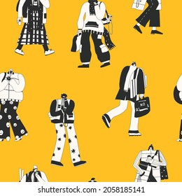 vector seamless pattern black and white people.Citylife routine and life balance.Urban lifestyle.Mixed race street style influencers.Template for printing paper, fabric, wallpaper.Generation Z fashion