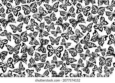  Vector seamless pattern. Black and white butterflies repeating pattern, ornate butterfly pattern.