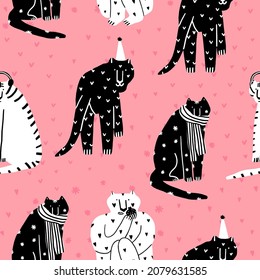 vector seamless pattern with black and white tigers on a pink background.Wild cats safari with party caps.Ornament for textiles, wrapping paper, wallpaper, postcards.symbol of 2022.Flat hand drawn 