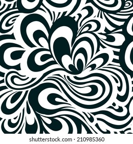 Vector seamless pattern of black and white waves and curves