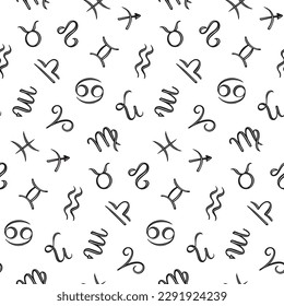 Vector seamless pattern with black and white hand drawn zodiac signs illustrations.