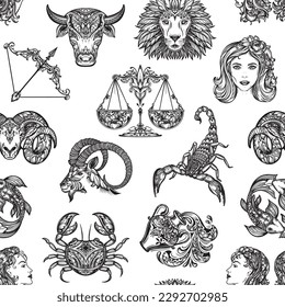 Vector seamless pattern with black and white hand drawn zodiac signs illustrations.