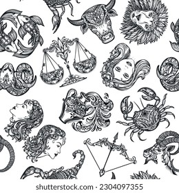 Vector seamless pattern with black and white hand drawn zodiac signs illustrations.