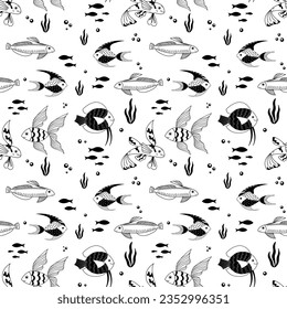 Vector seamless pattern with black and white cartoon fishes