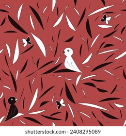 Vector seamless pattern with black and white abstract tree leaves, birds, butterflies. Spring and summer design for printing on tablecloth, wrapping paper, paper bags, textiles, fabrics, wallpape