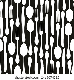 vector seamless pattern with black and white cutlery fork spoon and knife in vintage style. Suitable for vintage Wallpaper, wrapping paper, fabric