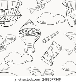 Vector seamless pattern with black white retro airships. Endless monochrome background with contour of aerostat in cloudy sky hand drawn ink. Vintage aircraft in line art for child. Airplane da Vinci