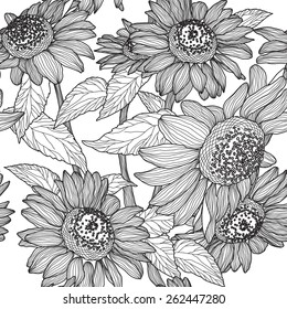 Vector seamless pattern of black and white sunflowers