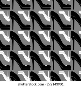 Vector seamless pattern with black and white high-heeled shoes and gray background. Monochrome fashion background.