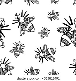 Vector seamless pattern with black and white doodle bees on white background. Apiary background. Cute doodle bee background.