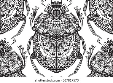 Vector seamless pattern with Black and white hand drawn zentangle stylized scarabs. Doodle bugs.