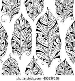 Vector seamless pattern with black & white doodle hand drawn abstract feathers.
Can be used for greeting card template, fashion fabric swatch, wallpaper print, pattern fills, coloring books and pages.