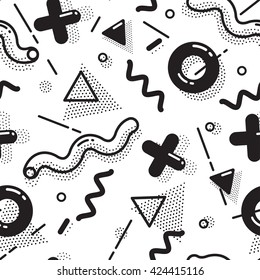 Vector seamless pattern in black and white. Universal repeating geometric abstract figure in pointillism, memphis, 80, 90s style. Wallpaper, wrapping paper, interior, clothes