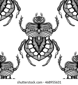 Vector seamless pattern with Black and white hand drawn zentangle stylized beetle. Doodle bugs.