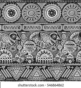 Vector seamless pattern with black and white hand drawn ethnic elements. Tribal design with triangle forms and ornate birds. Folk motif for print, web, textile, wrapping paper.