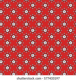 Vector seamless pattern with black and white flowers on a bright red background