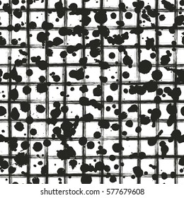 Vector seamless pattern, black and white tile with inc splash, blots, smudge and brush strokes. Grunge endless template for web background, prints, wallpaper, surface, wrapping.