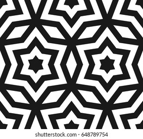 Vector seamless pattern, black & white ornament texture with linear stars, angular geometric figures. Abstract geometric monochrome background, repeat tiles. Contrast design for prints, decor, fabric