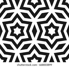 Vector seamless pattern, black & white ornament texture with linear stars, angular geometric figures. Abstract geometric monochrome background, repeat tiles. Design for prints, decor, furniture, cover