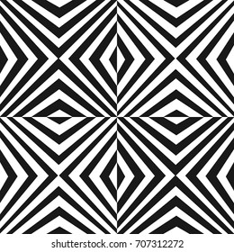 Vector seamless pattern with black and white stripes. Modern texture with crossing diagonal striped lines. Optical illusion effect. Monochrome geometric background, repeat tiles. Pop art style design