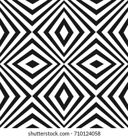 Vector seamless pattern with black and white stripes. Texture with crossing diagonal striped lines, rhombuses. Monochrome geometric background, repeat tiles. Pop art style. Tileable design element