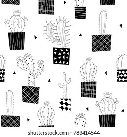 Vector seamless pattern with black and white cactus plants in pots with differnet designs for fabric, textile and backgrounds