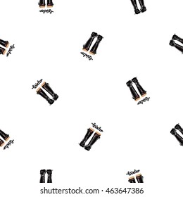 Vector seamless pattern with black winter hunter boots. Background for decoration seasonal celebration, greeting card and banner. Hand drawn symbols on white backdrop.