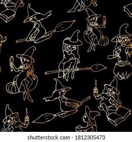 vector seamless pattern. Black witch on a broomstick on a white background for your design
