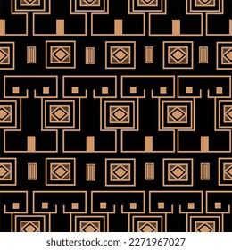 Vector seamless pattern black woman body square shape art deco style. Brown lineal art on black background.