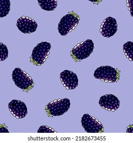 Vector seamless pattern, blackberry in watercolor style with black contour