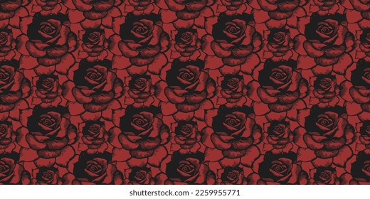 Vector seamless pattern. Black-red rose of different sizes, symmetrically arranged. Ornamental plant, texture or background.