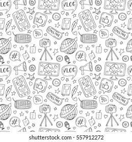 Vector seamless pattern with blogging elements. Mobile phone, speech bubble, camera, stickers, wi-fi, earth, microphone, bloggers.