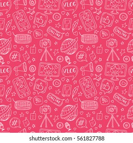 Vector seamless pattern with blogging elements. Mobile phone, speech bubble, camera, stickers, wi-fi, earth, microphone, bloggers.