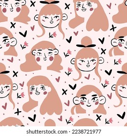 Vector seamless pattern with blond girls faces and flower in head on beige background. Romantic girl portrait pattern. 