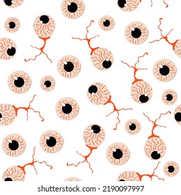 Vektornahtloses Muster mit den blutigen Augenbälle auf weißem Hintergrund. Halloween, gruselig, psychedelische Augen Wallpaper.
